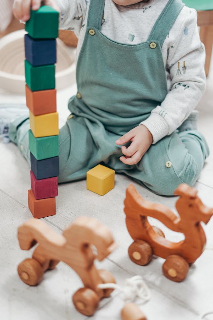 Home A child enjoying playtime indoors with colorful wooden blocks and toys.